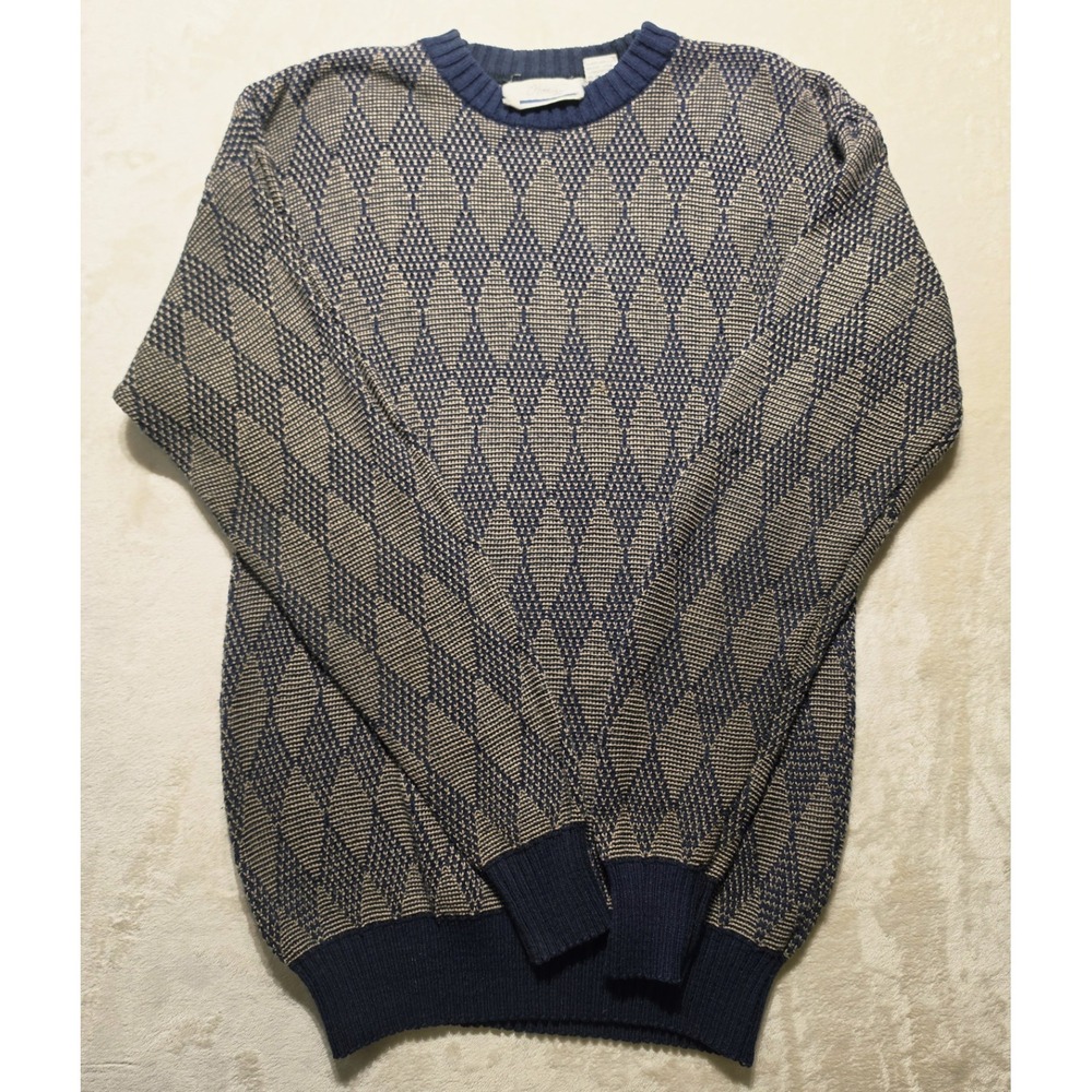 Vintage 90s Y2k Grandpa‎ Sweater Mens M Navy Tan Geometric Knit Retro Crewneck